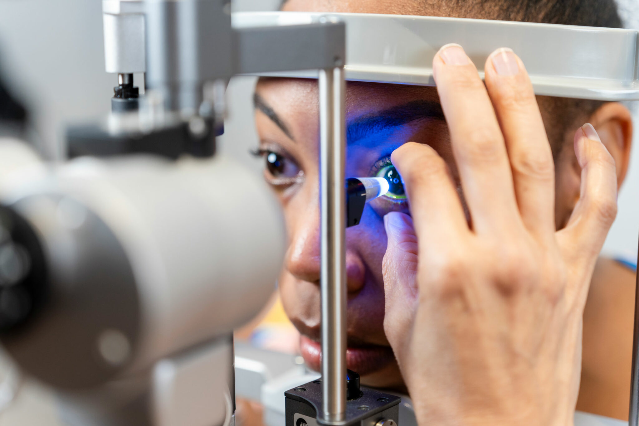 Woman having her eyes examined for glaucoma