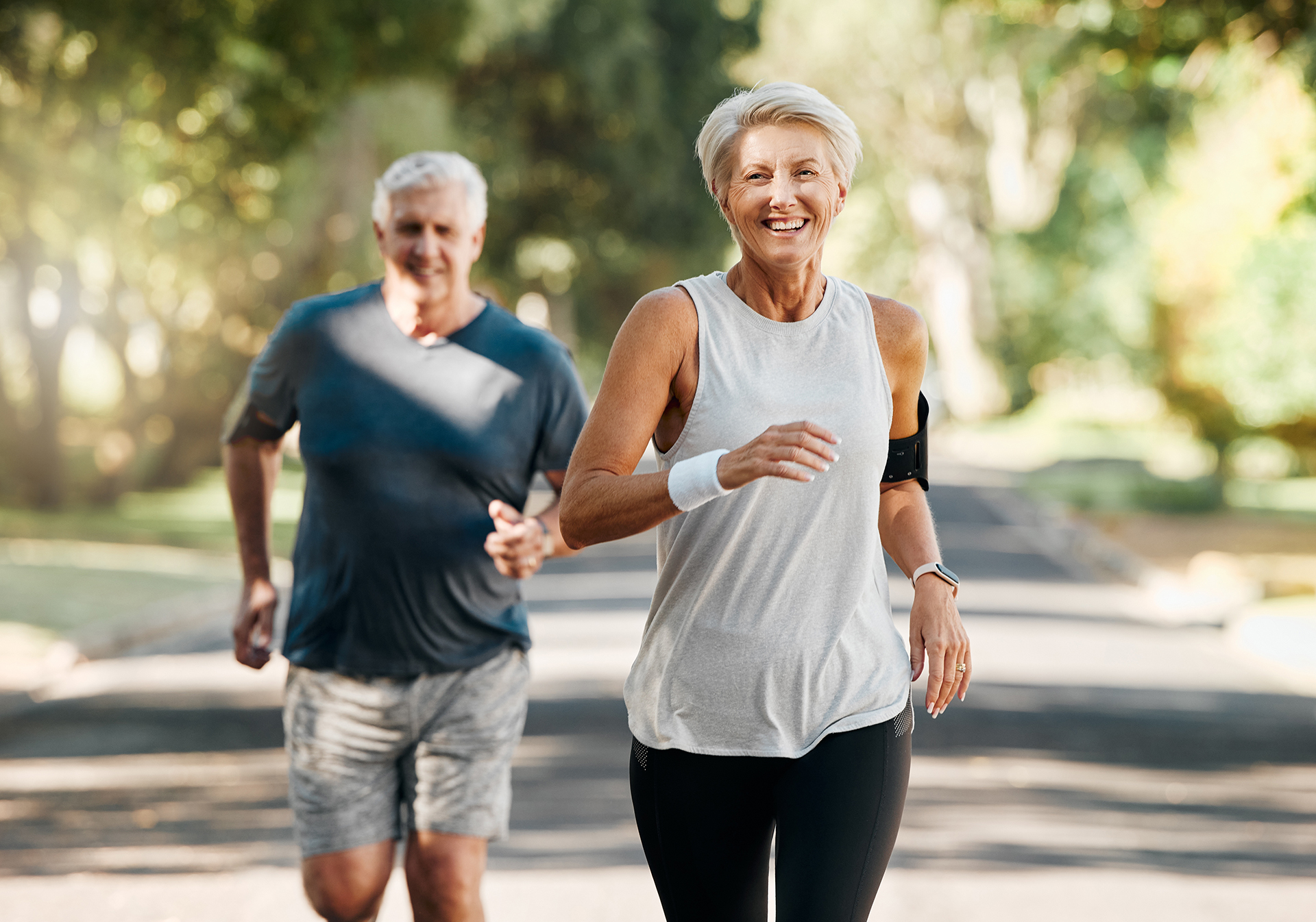 couple and running fitness health for body and heart wellness with natural ageing